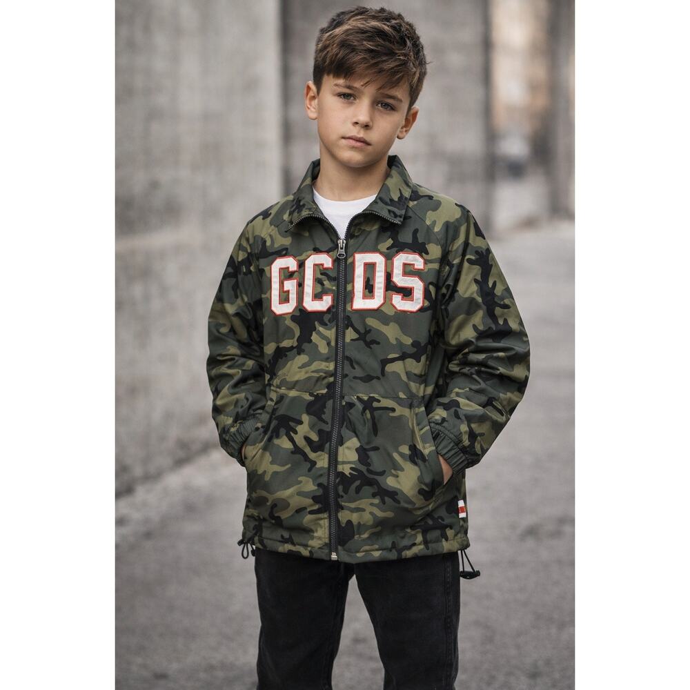 GCDS Mini Jacket Boys 12 Years Camo Full Zip Logo Streetwear Green Italy